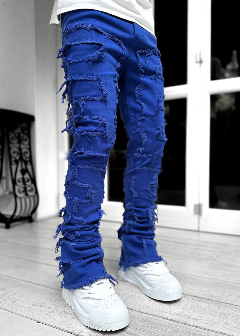Mens Fringed Ripped Jeans Tight Fit
