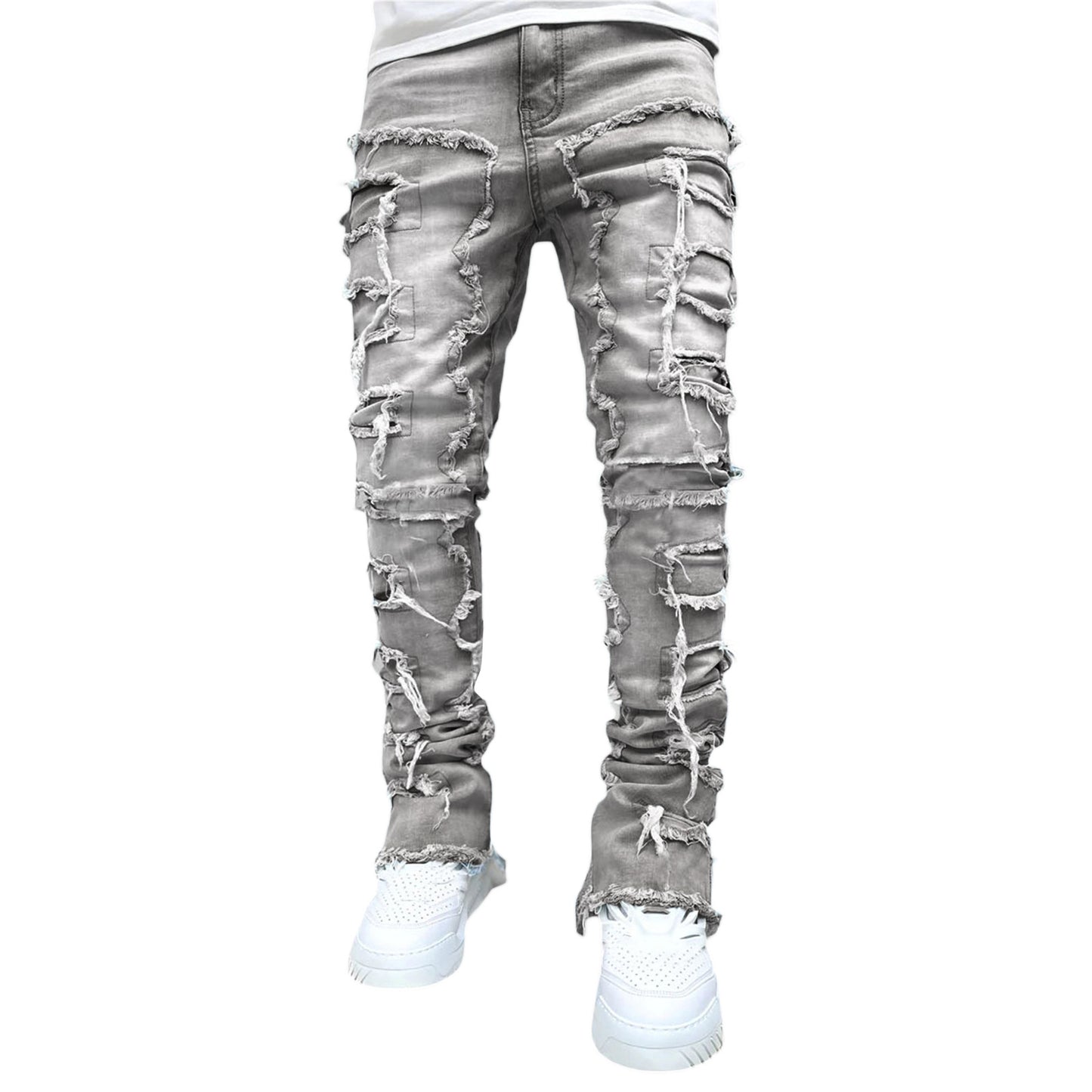 Mens Fringed Ripped Jeans Tight Fit