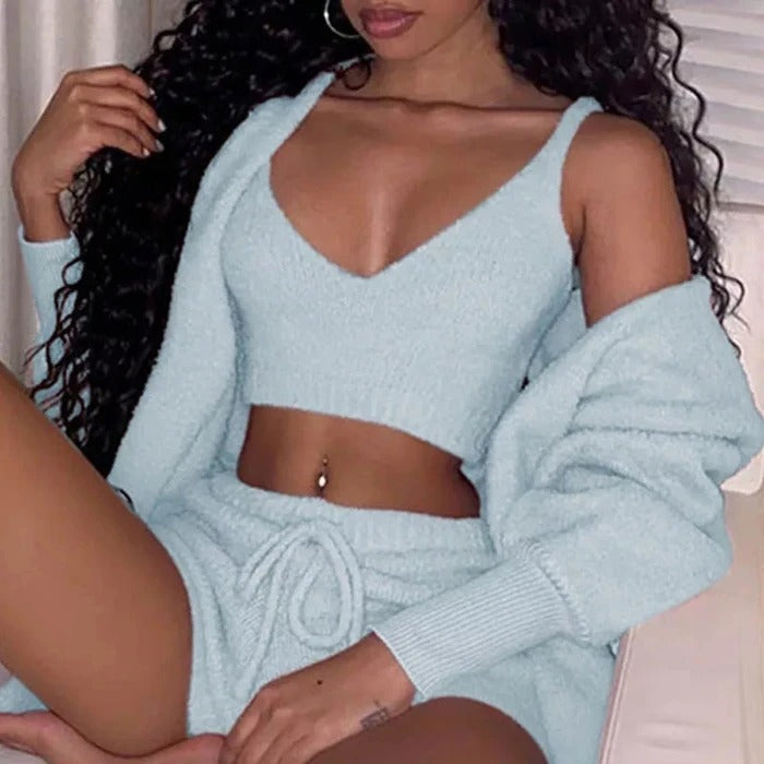 3pcs Plush Womens Clothing Long Sleeve Crop Tank Top And Drawstring Shorts Pajama Set