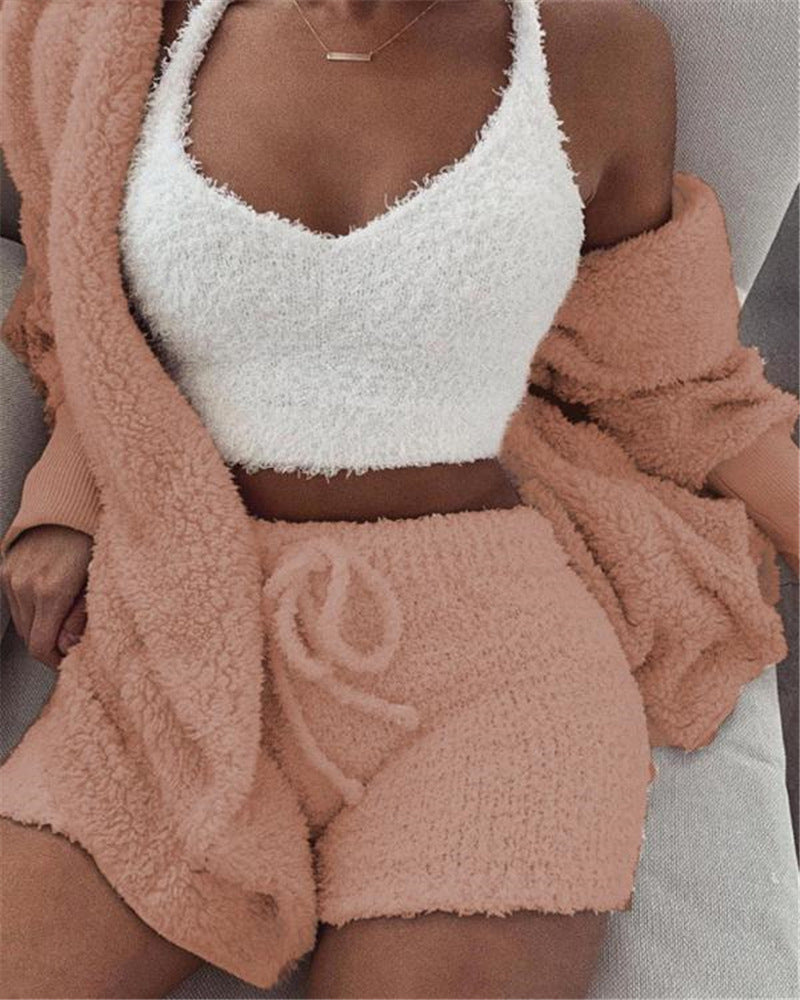 3pcs Plush Womens Clothing Long Sleeve Crop Tank Top And Drawstring Shorts Pajama Set