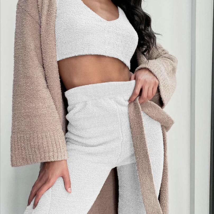 3pcs Plush Womens Clothing Long Sleeve Crop Tank Top And Drawstring Shorts Pajama Set