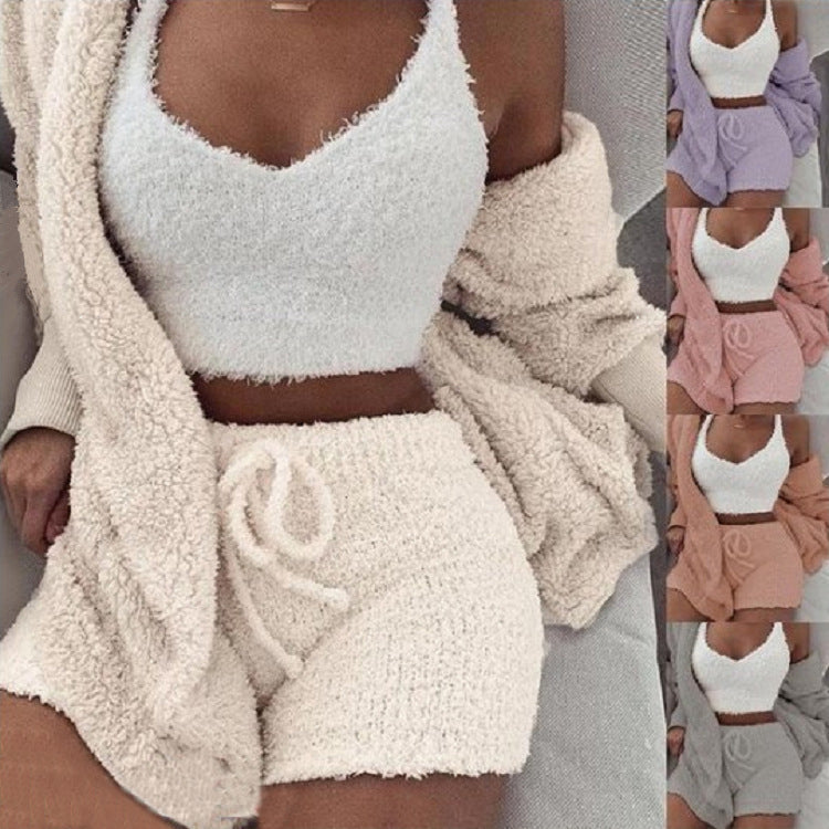 3pcs Plush Womens Clothing Long Sleeve Crop Tank Top And Drawstring Shorts Pajama Set