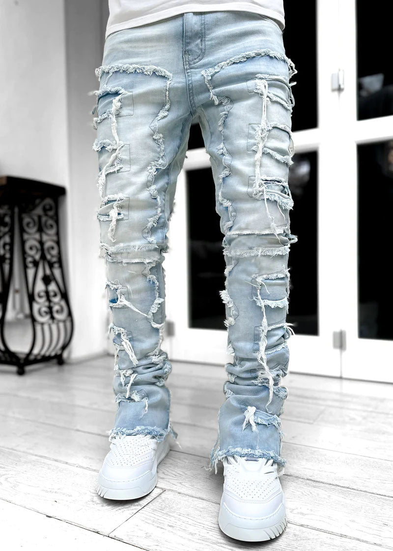 Mens Fringed Ripped Jeans Tight Fit