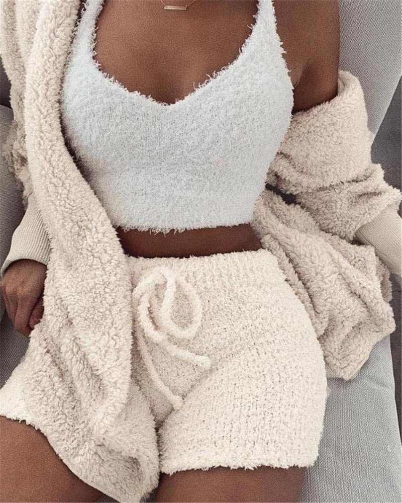 3pcs Plush Womens Clothing Long Sleeve Crop Tank Top And Drawstring Shorts Pajama Set