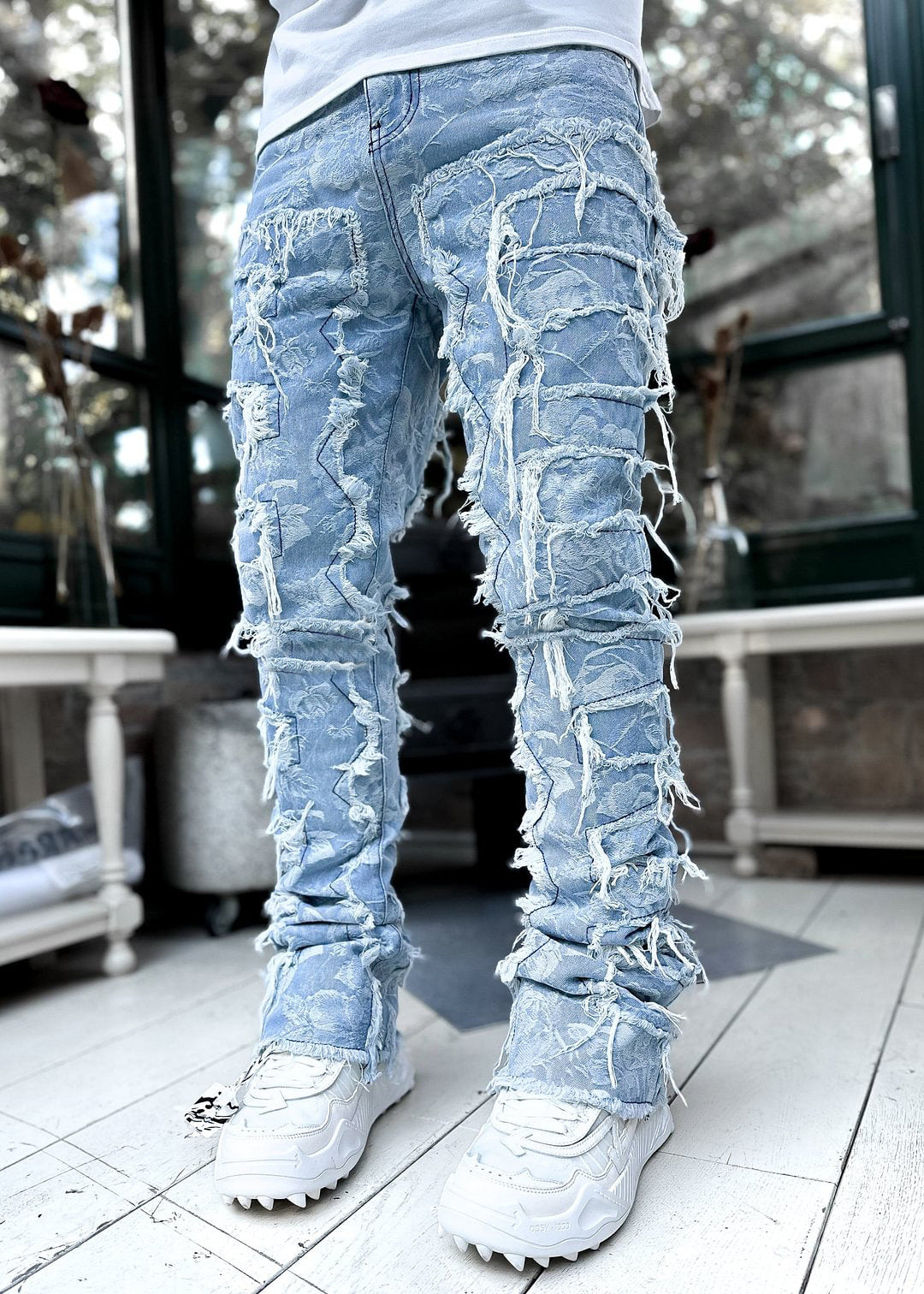 Mens Fringed Ripped Jeans Tight Fit