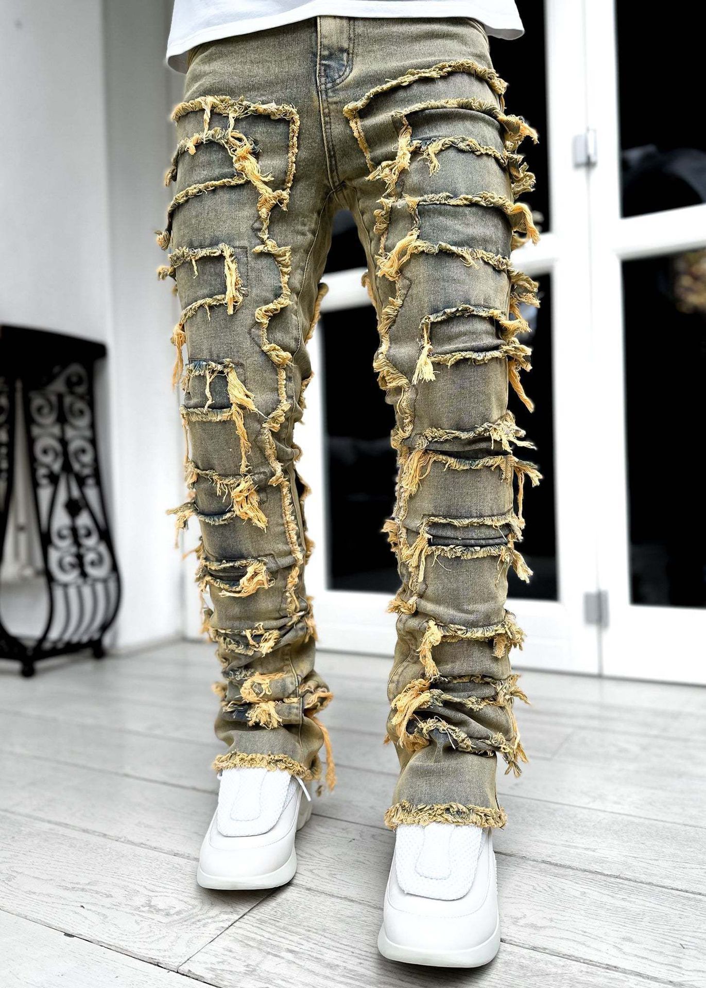 Mens Fringed Ripped Jeans Tight Fit