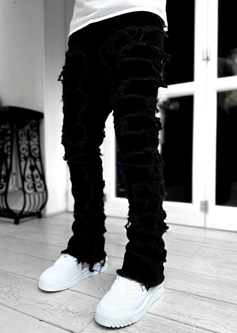 Mens Fringed Ripped Jeans Tight Fit