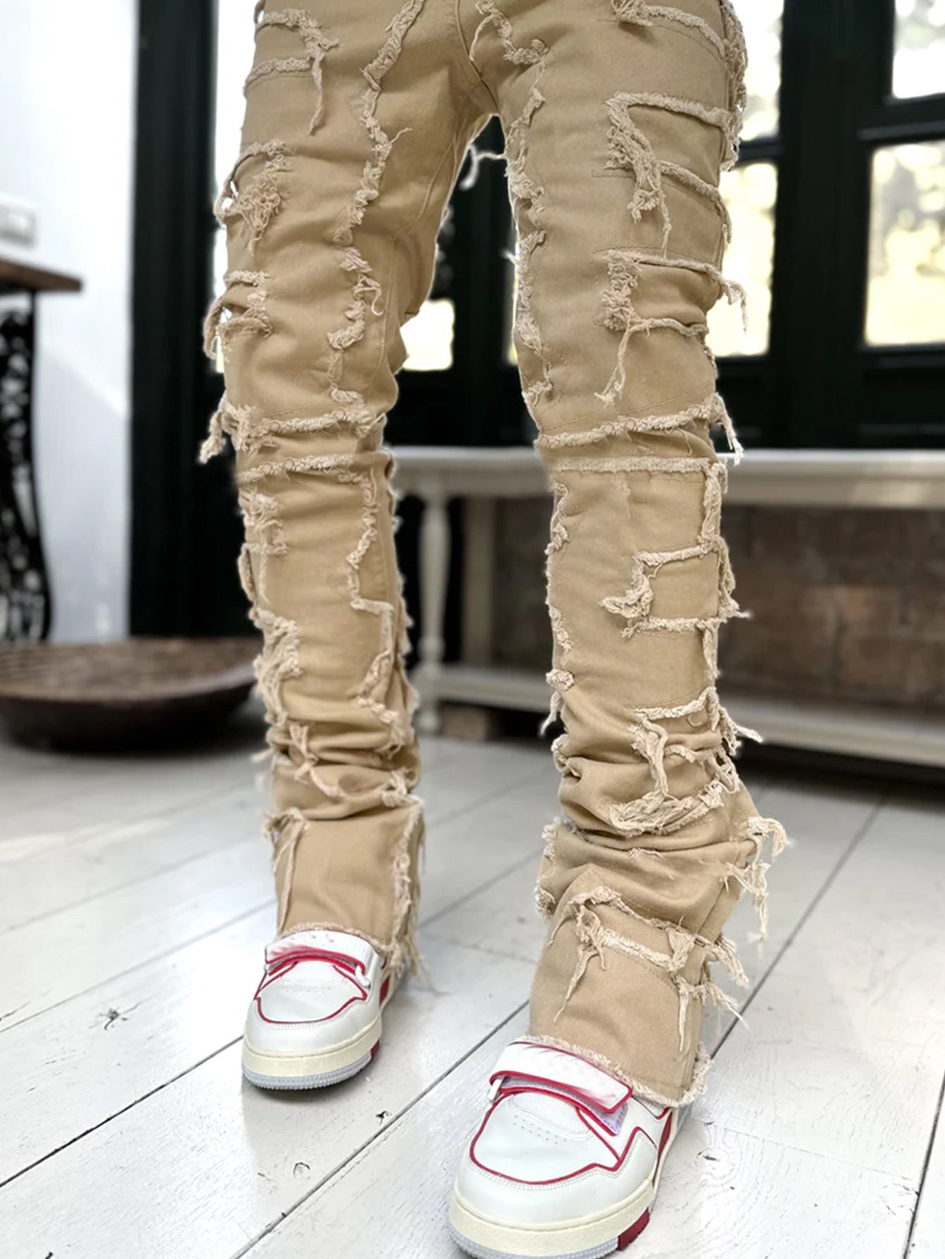 Mens Fringed Ripped Jeans Tight Fit