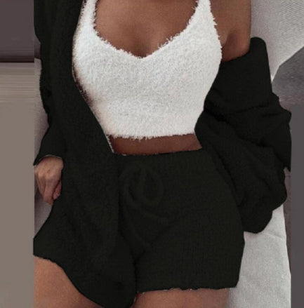 3pcs Plush Womens Clothing Long Sleeve Crop Tank Top And Drawstring Shorts Pajama Set
