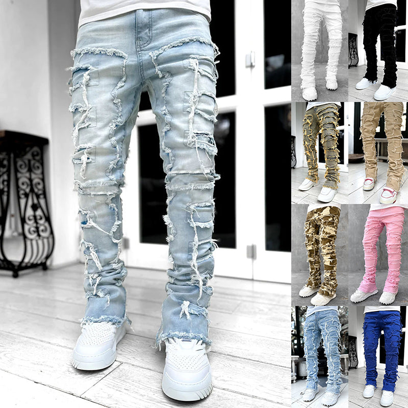 Mens Fringed Ripped Jeans Tight Fit