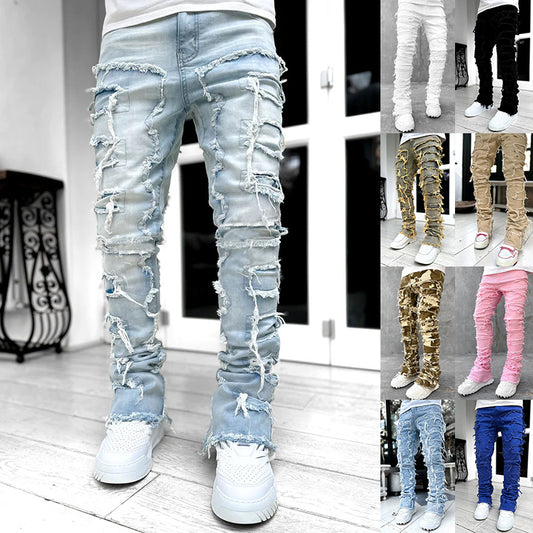 Mens Fringed Ripped Jeans Tight Fit