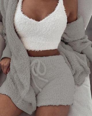 3pcs Plush Womens Clothing Long Sleeve Crop Tank Top And Drawstring Shorts Pajama Set