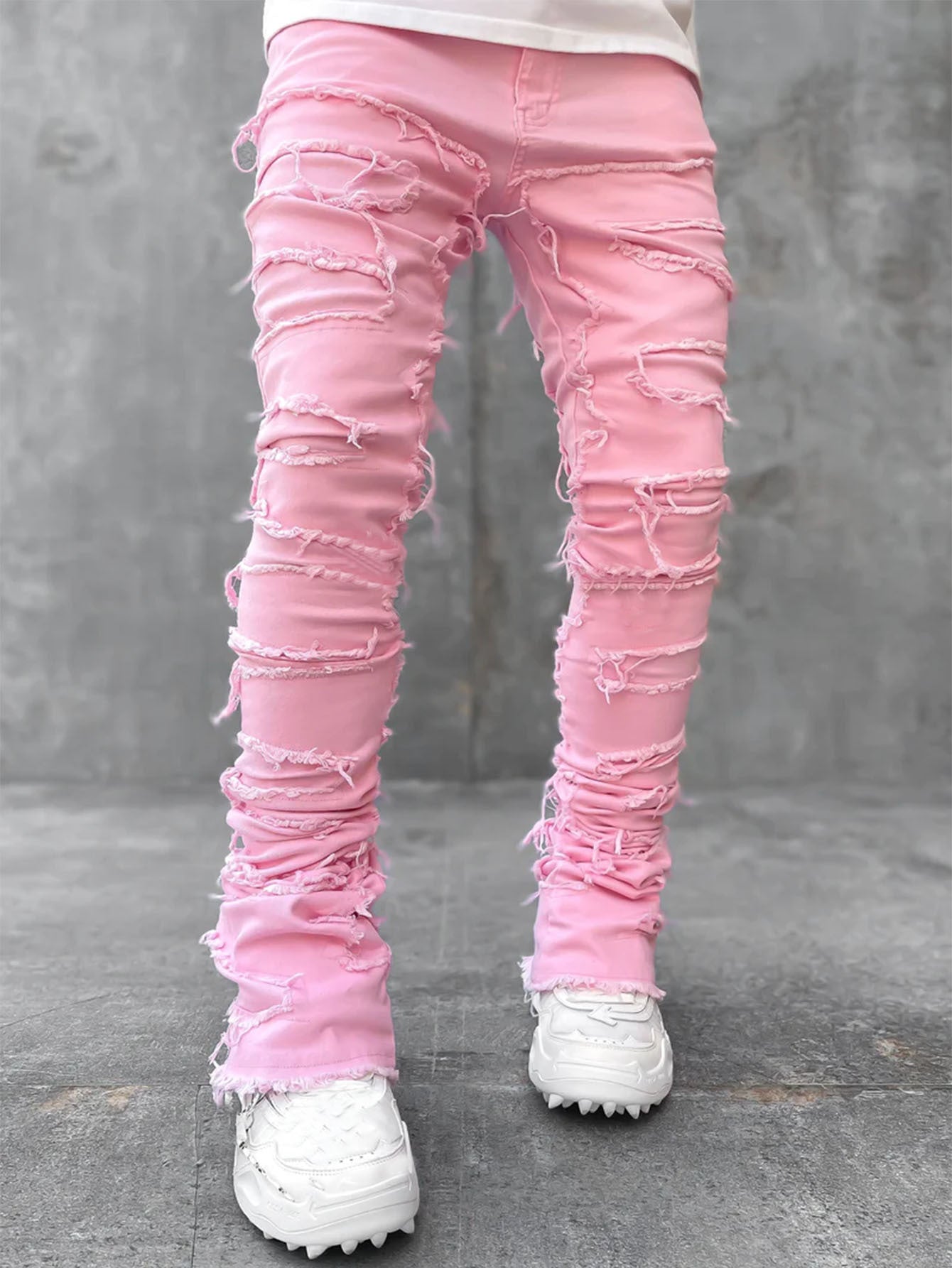 Mens Fringed Ripped Jeans Tight Fit