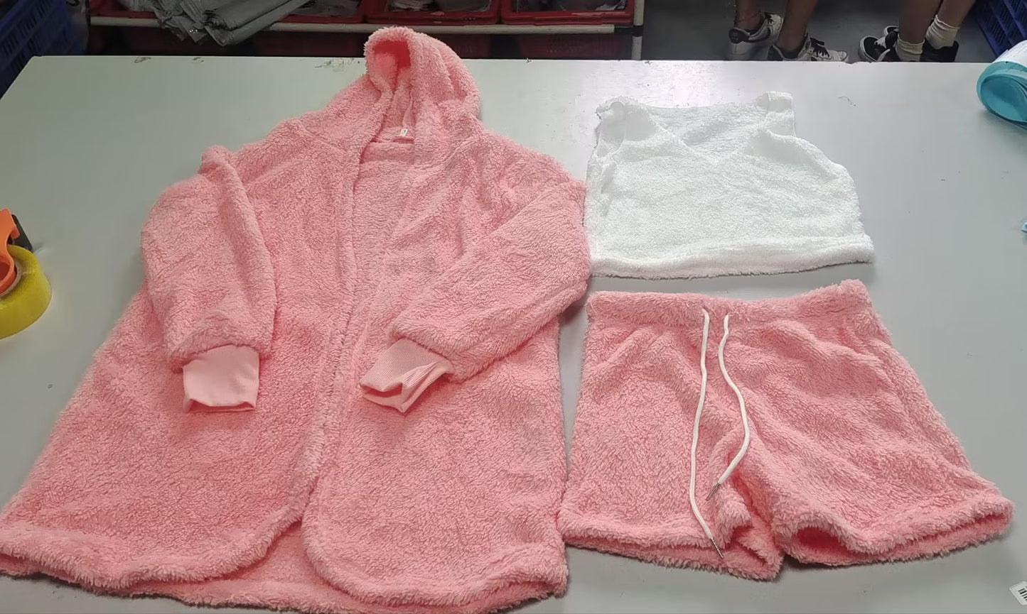 3pcs Plush Womens Clothing Long Sleeve Crop Tank Top And Drawstring Shorts Pajama Set