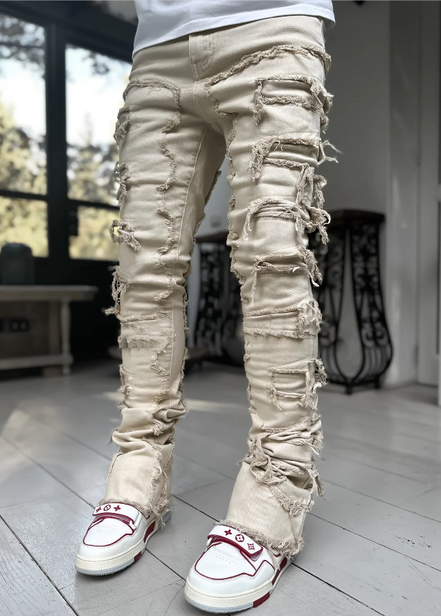 Mens Fringed Ripped Jeans Tight Fit