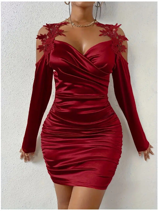 Spring And Autumn New Satin Elegant Lace Bodycon Dress With Pleated Skirt