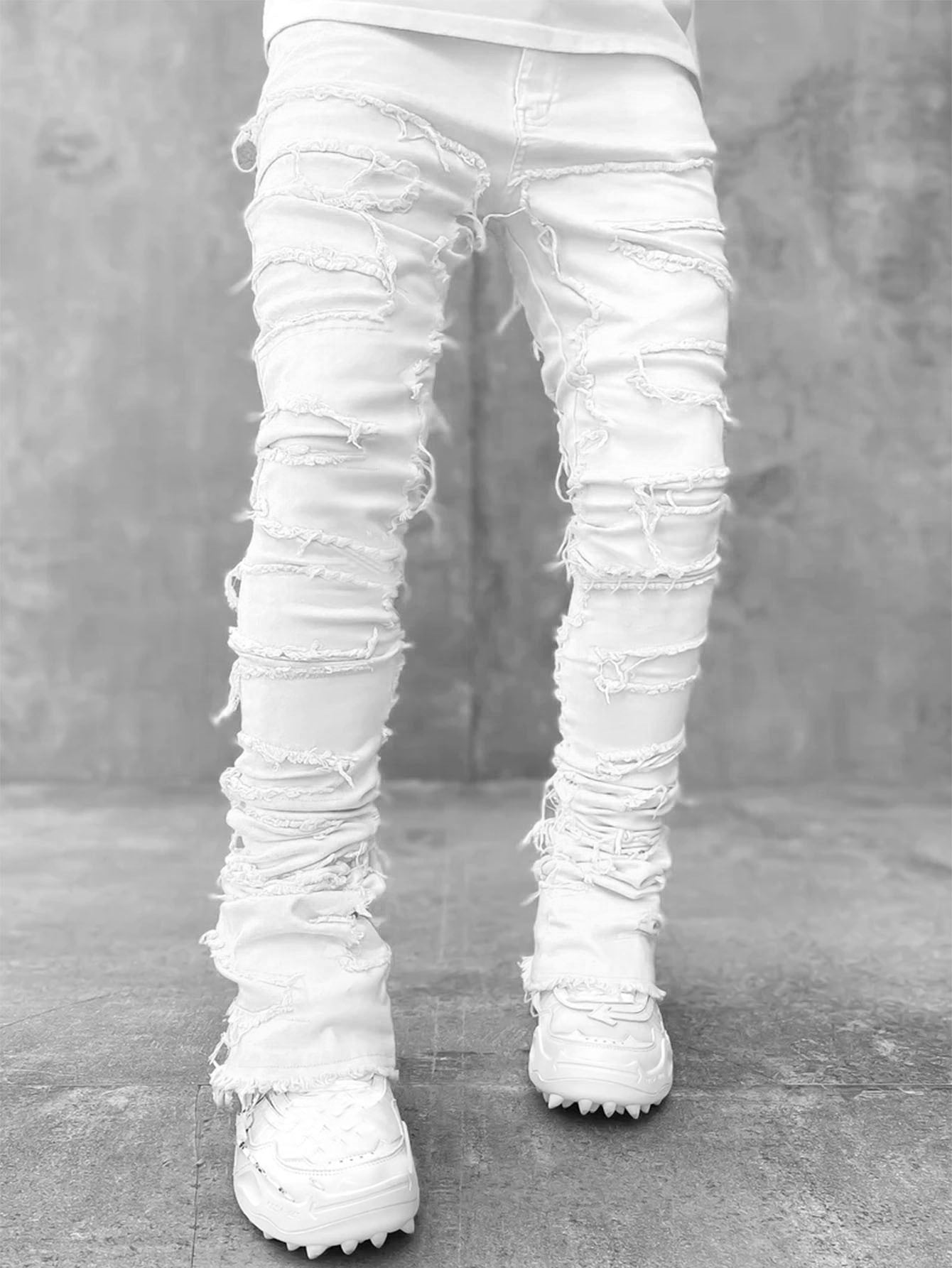 Mens Fringed Ripped Jeans Tight Fit