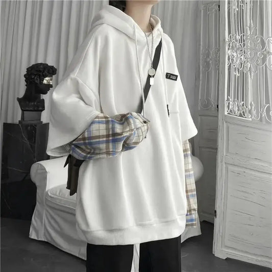 Harajuku Oversized Unisex Hoodie – Plaid Patchwork Grunge Style